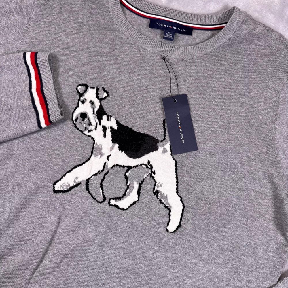 Tommy Hilfiger Grey Cotton Dog Graphic Crew Neck Sweater XL Striped Cuffs